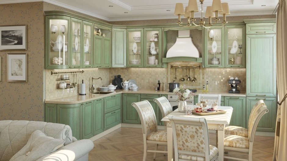 Кухня в английском стиле зеленая