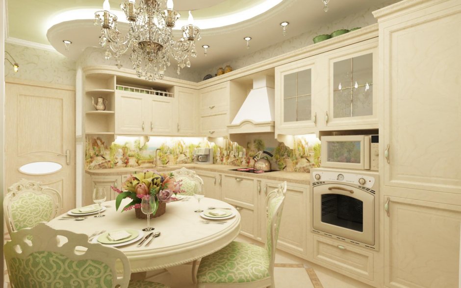 Бело фисташковая кухня в классическом стиле