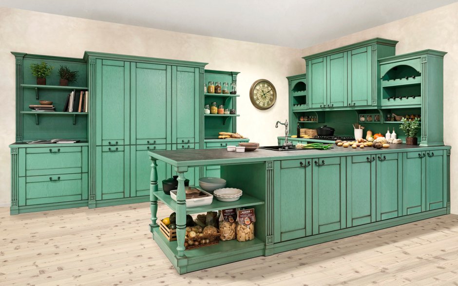 Кухня в классическом стиле в светло голубом фоне