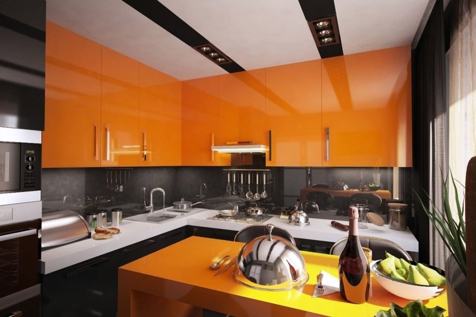 Оранжевые акценты в интерьере кухни
