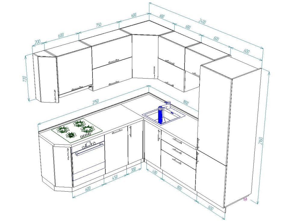 Планировка углового кухонного гарнитура