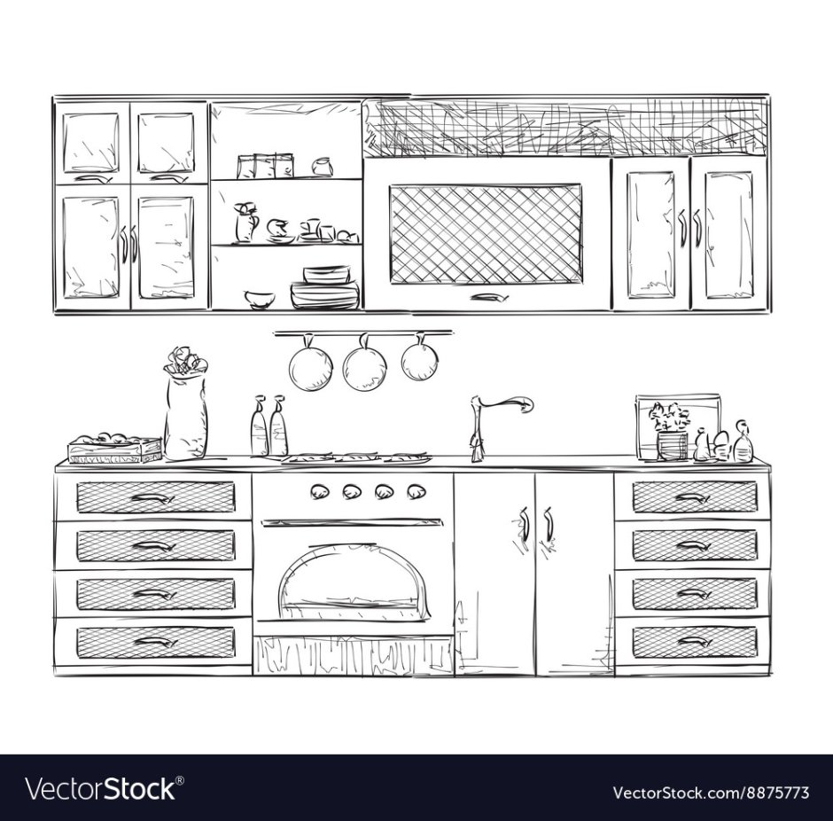 Схематичный рисунок кухни с предметами