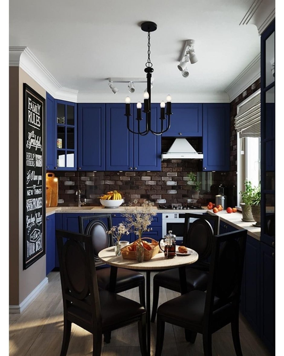 Синяя кухня с деревянной столешницей в интерьере лофт