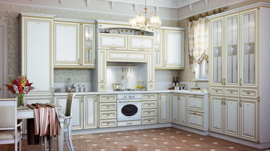 Кухня белая классика с золотой патиной фабрика Бор