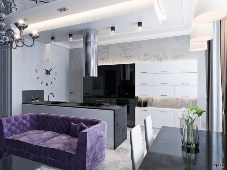 Черно белый фиолетовый интерьер гостиной с кухней