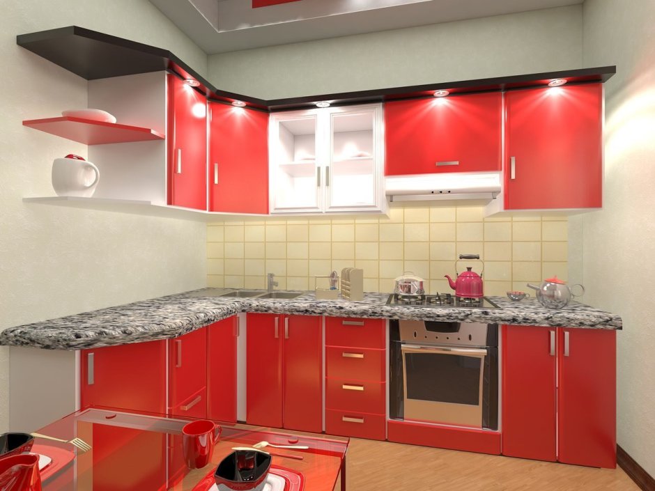 Кухонные гарнитуры красный и розовым цветами с фартуком
