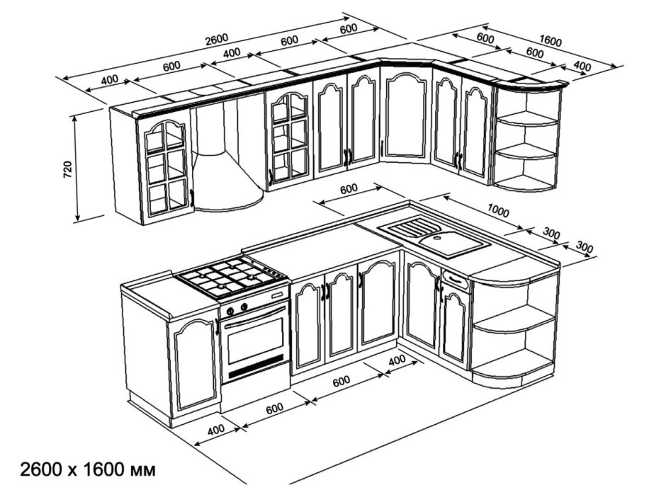 Схема угловой кухни с барной стойкой