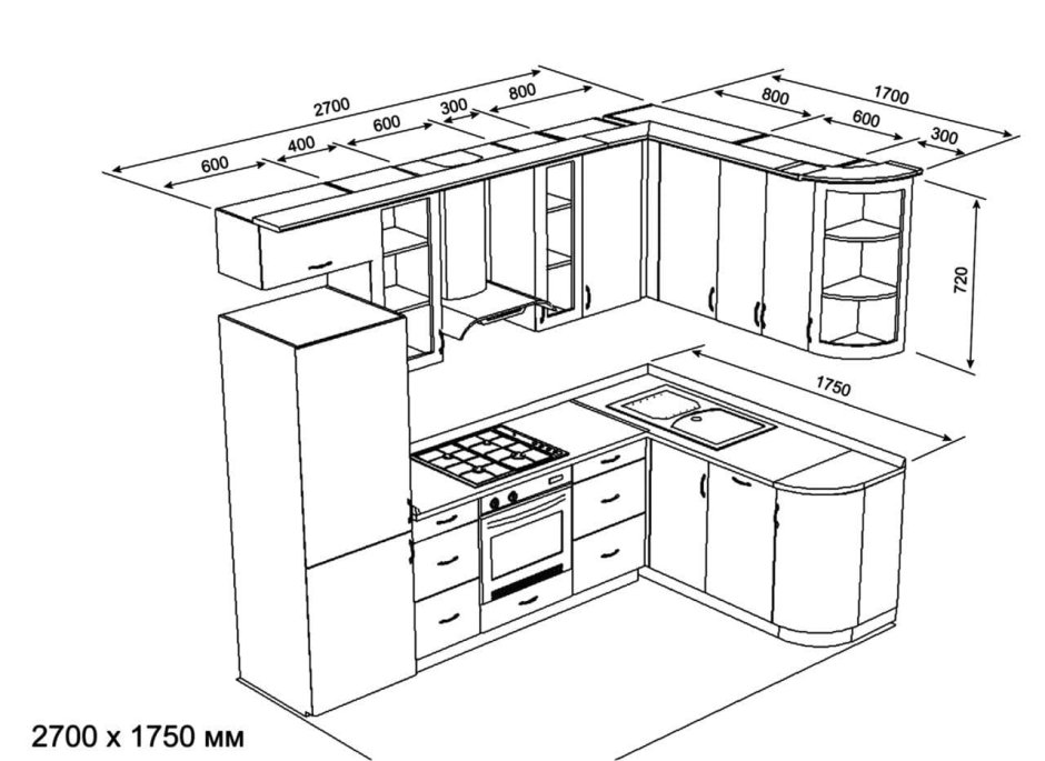 Угловая кухня 1800х1800 с размерами
