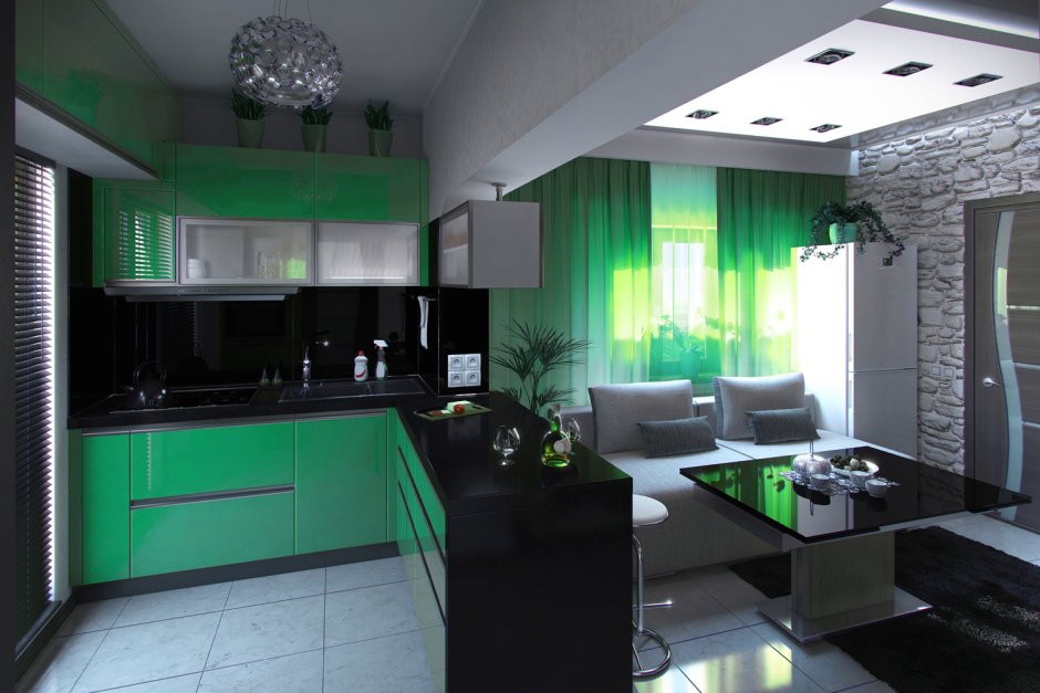 Дизайн кухни в зеленых тонах с чёрным потолком