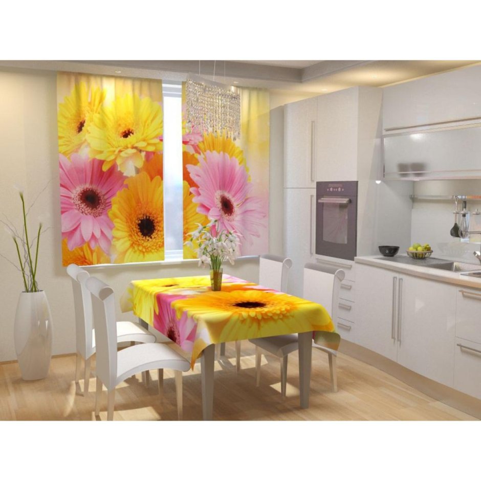 Фотошторы для кухни 150x160 габардин, 2 полотна цветочный водопад