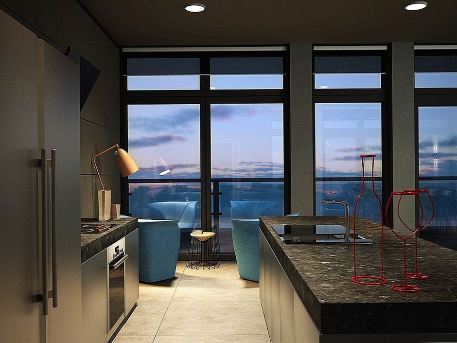 Кухня студия с панорамными окнами (89 фото)