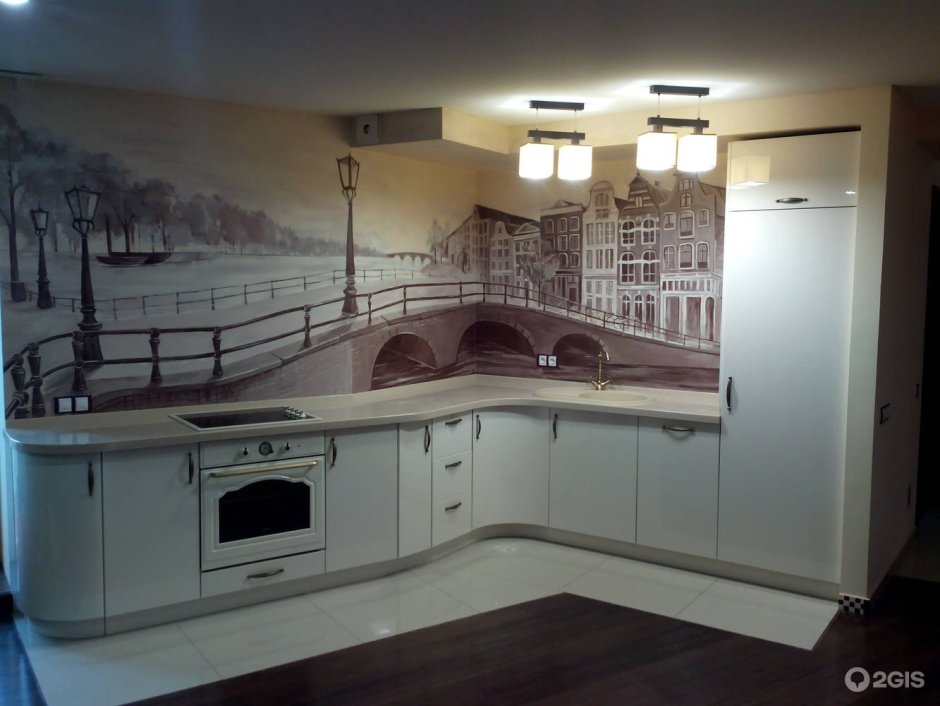 Кухни угловые с фотопечатью фартука