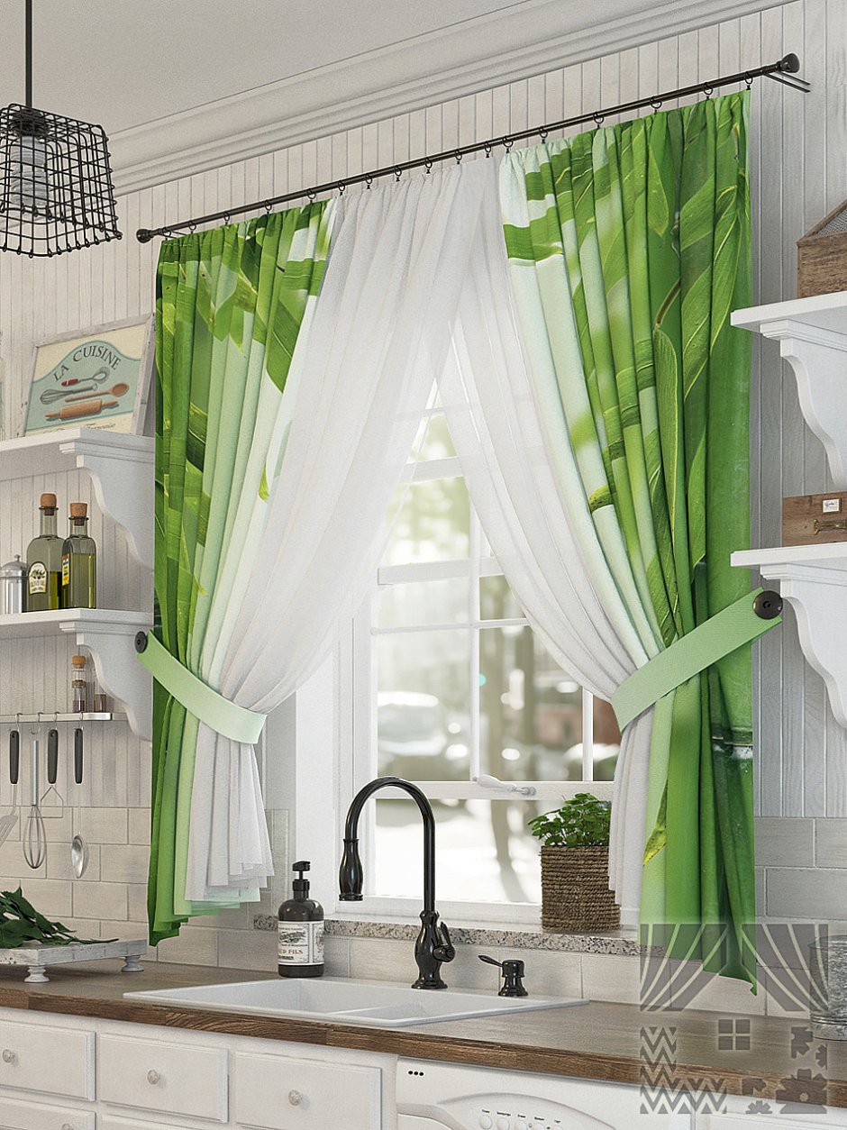 Зеленые шторы в интерьере кухни (90 фото)