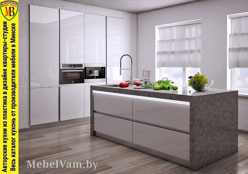 Белая кухня с зеленым фартуком