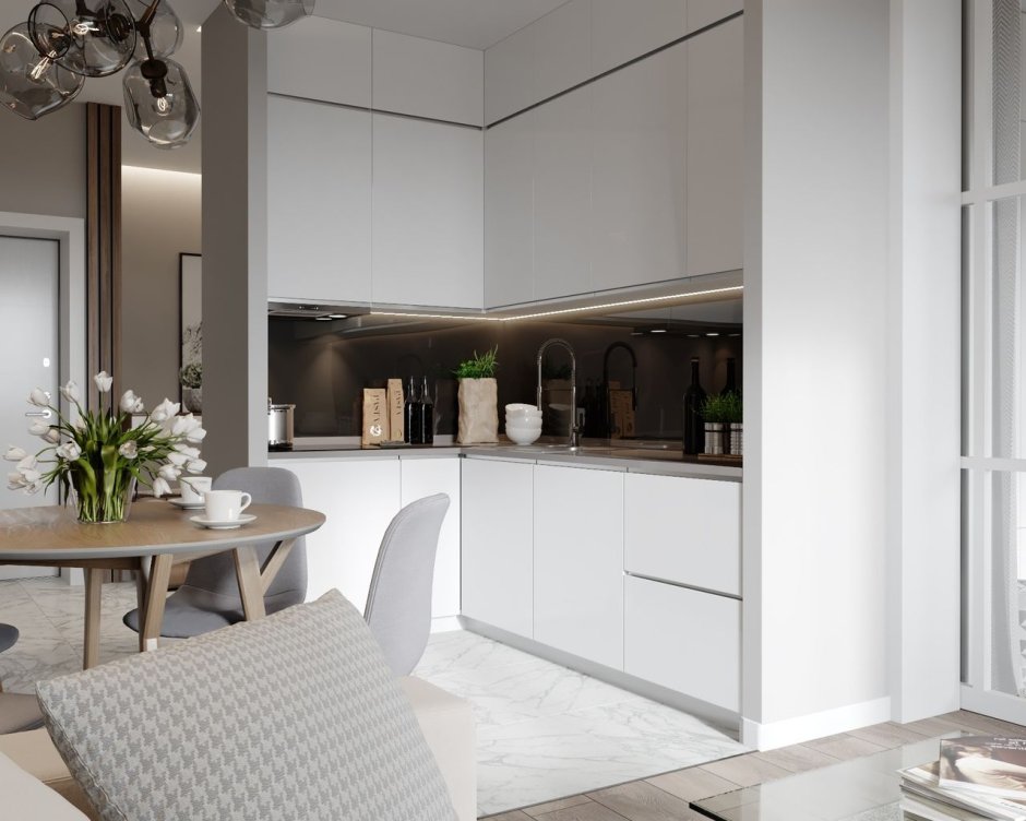 Дизайн кухни гостиной с белой кухней (75 фото)