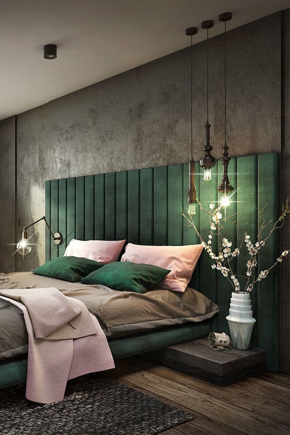 Спальня с зеленой кроватью