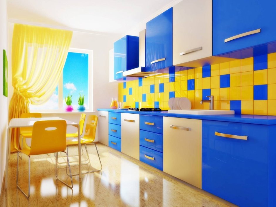 Интерьер кухни в желто синем цвете