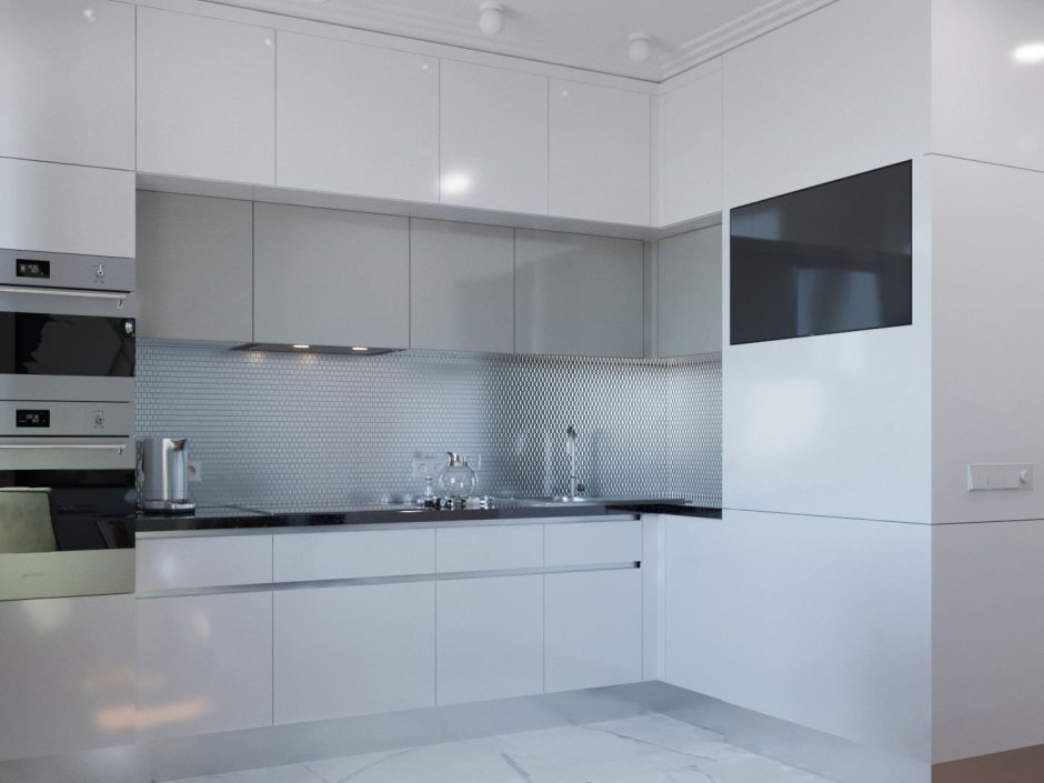 Белая матовая кухня с серой столешницей (88 фото)