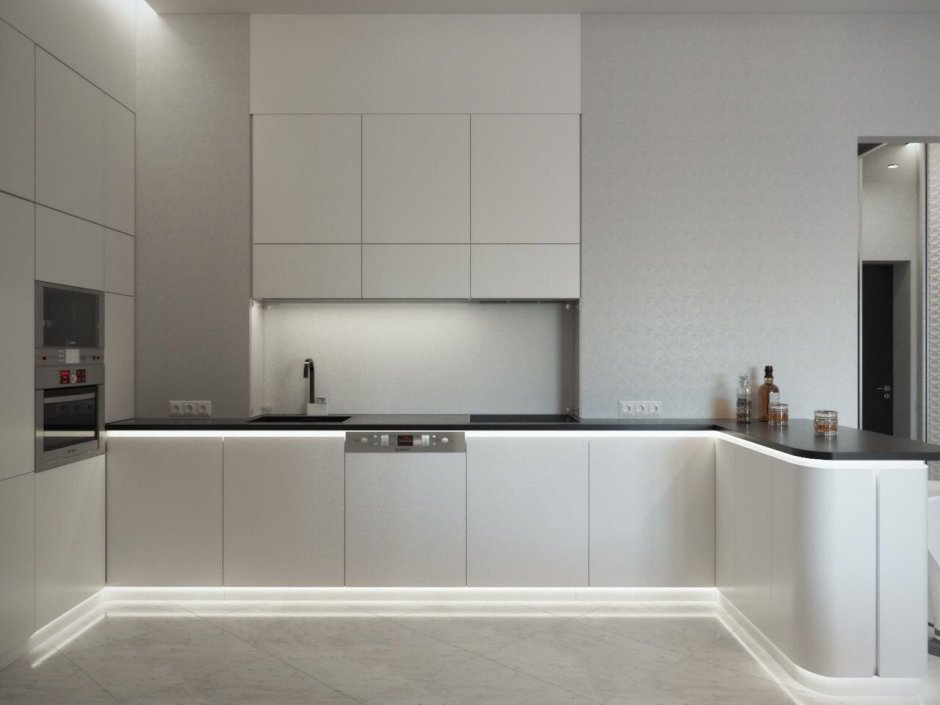 Белая кухня Модерн с серой столешницей