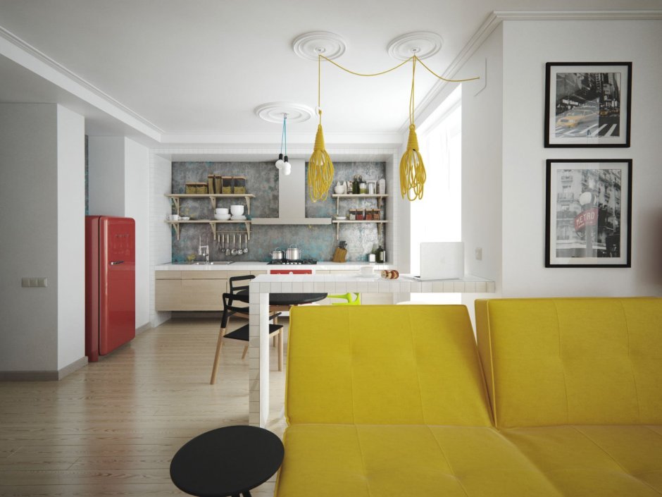 Желтый диванчик на белой кухне