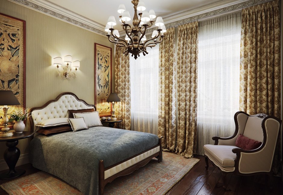 Спальня в классическом стиле в кремовых тонах