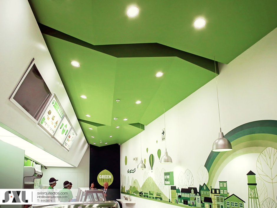 Интерьер кухни с зеленым потолком