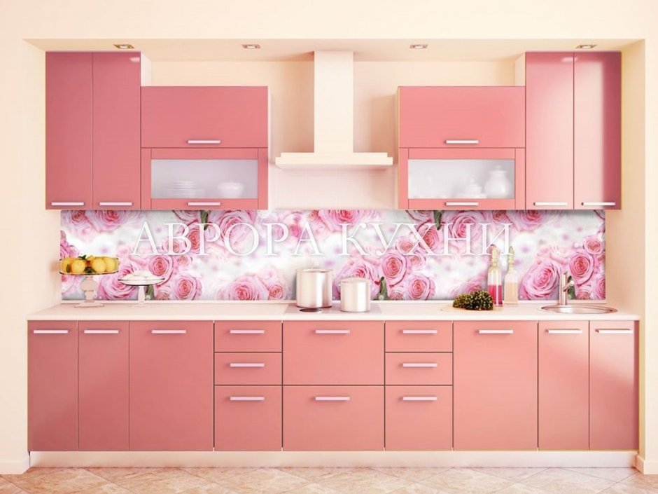 Кухня с розовым фартуком (54 фото)