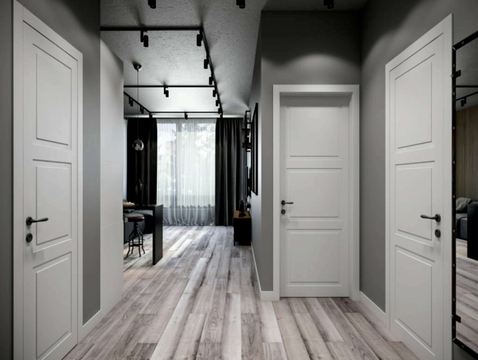 Серый ламинат и темные двери в интерьере фото