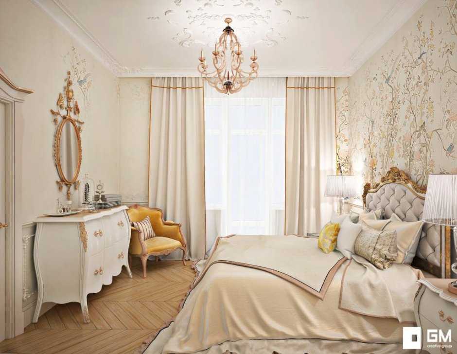 Спальня желтая в классическом стиле в светлых тонах