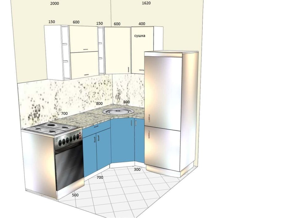 Планировка кухни с газом 6 м2