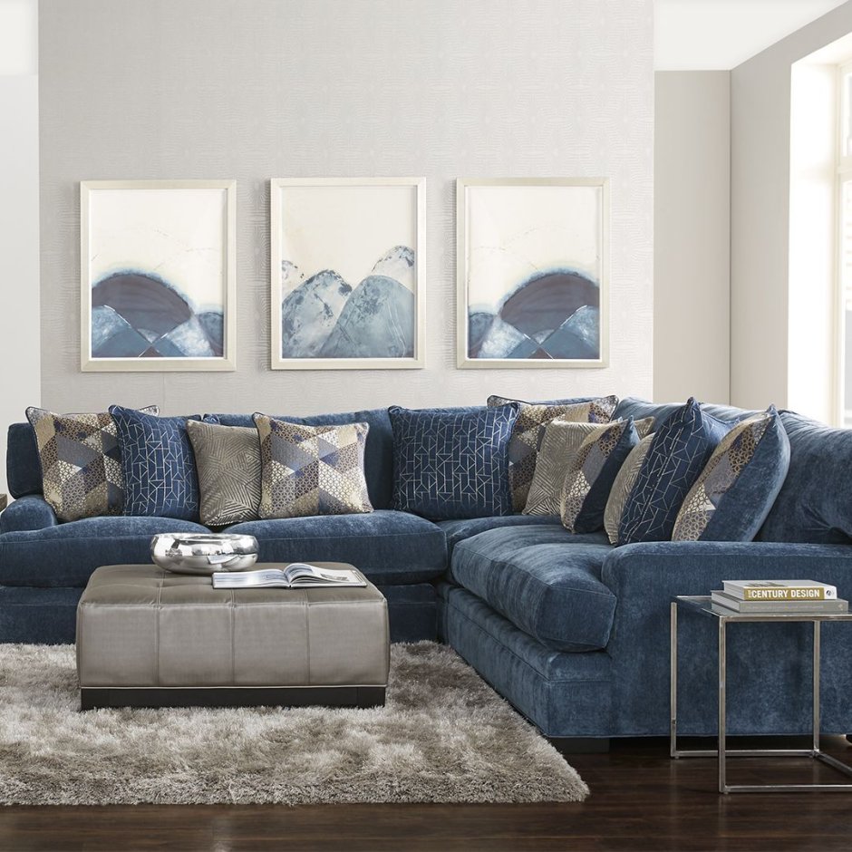 Сине серый диван в интерьере гостиной