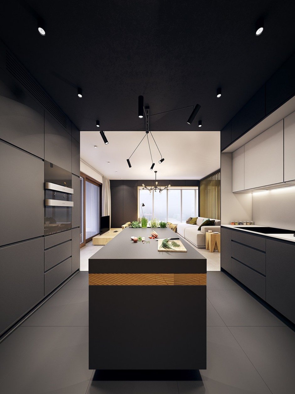 Черный натяжной потолок на кухне