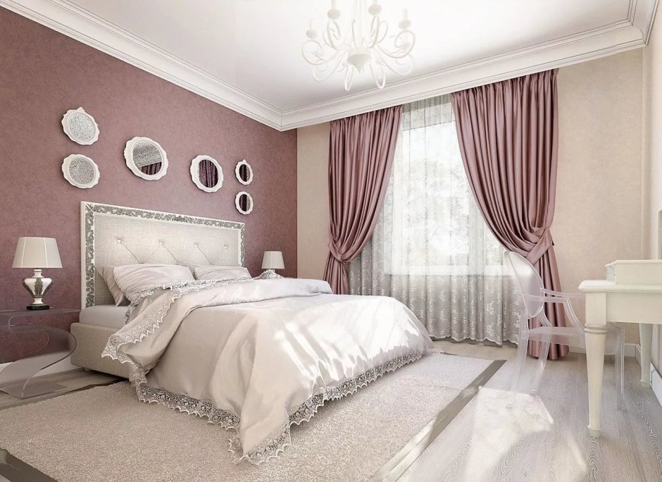 Спальня в пудровых тонах в классическом стиле