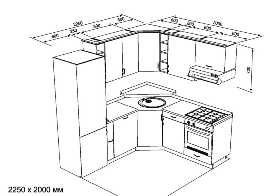 Схема кухни с размерами
