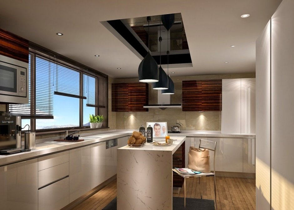 Дизайн потолка маленькой кухни (72 фото)