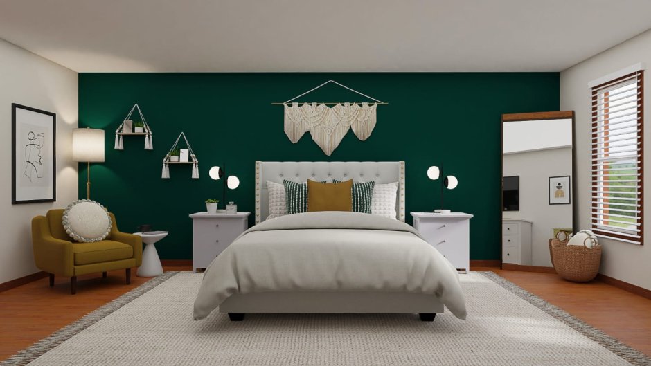 Спальня изумрудного и бежевого цвета