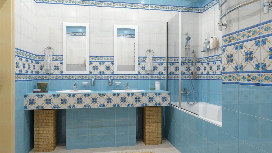 Бело синяя плитка в ванной в каплю