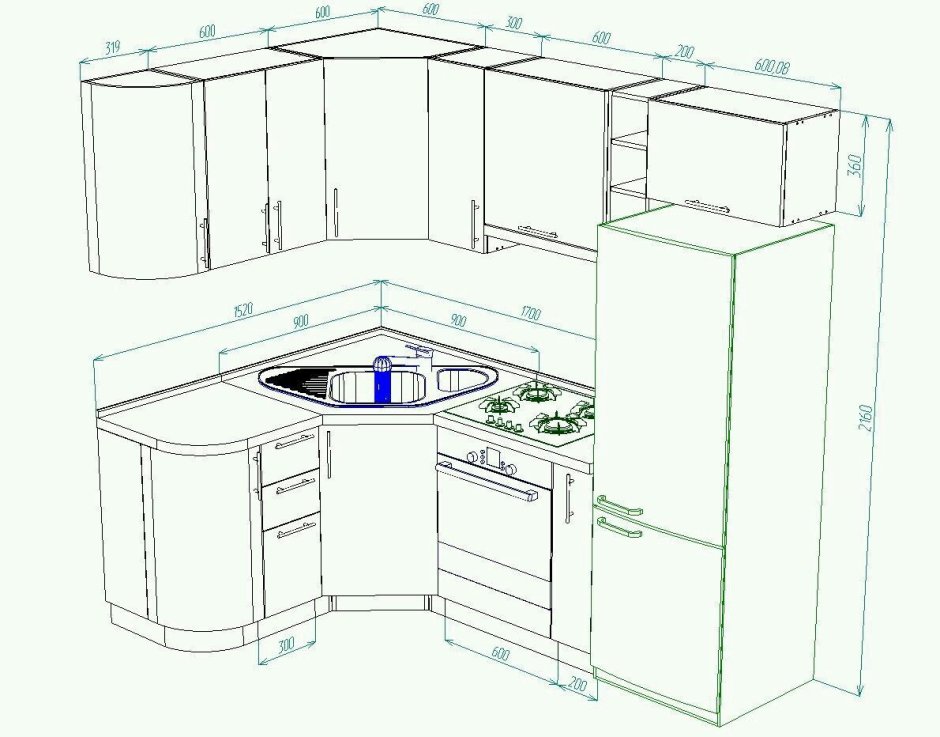 Угловая кухня схема с размерами 180 на 210