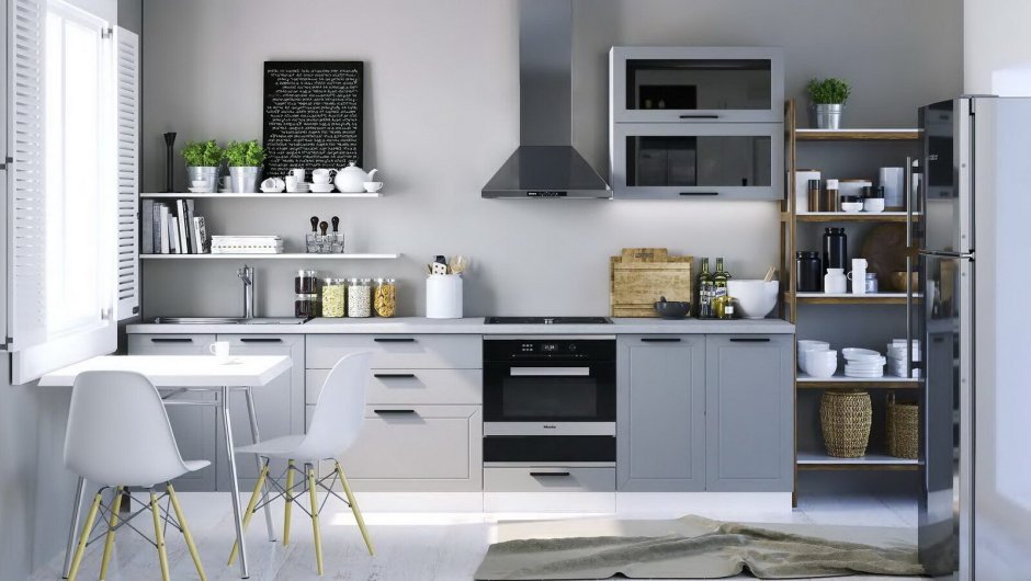 Белая кухня в сочетании с серым полом и фото обои папоротник