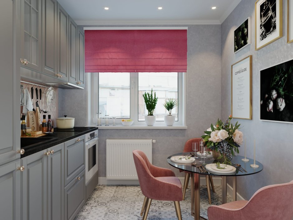 Серо-розовый цвет в интерьере кухни