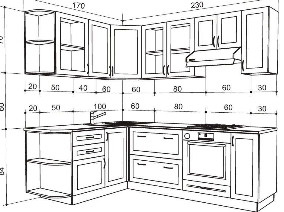 Размеры кухонных шкафов чертежи