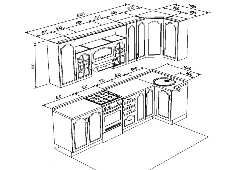Кухня 3300 мм и холодильник сбоку чертеж