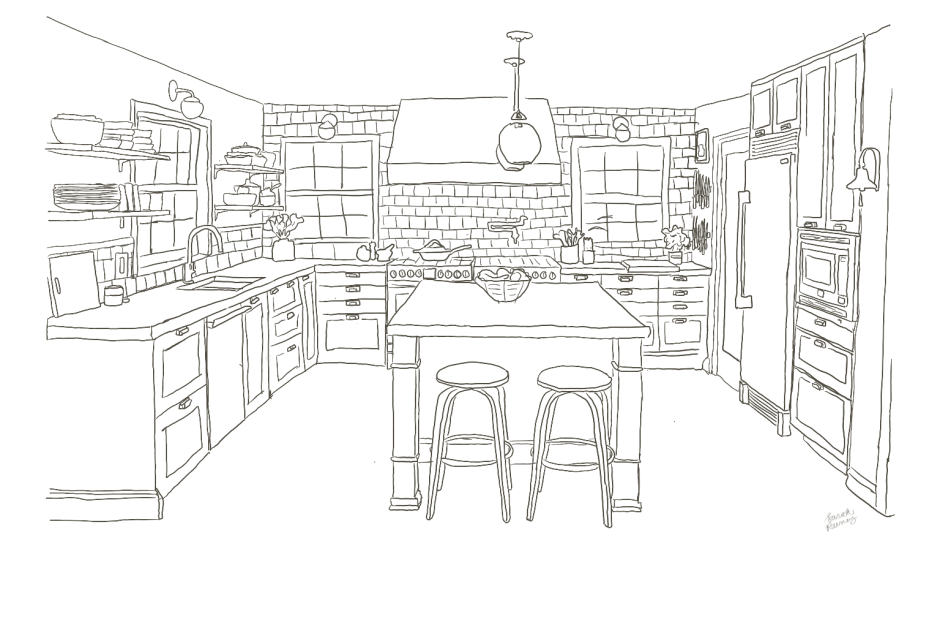 Рисование интерьера современной кухни