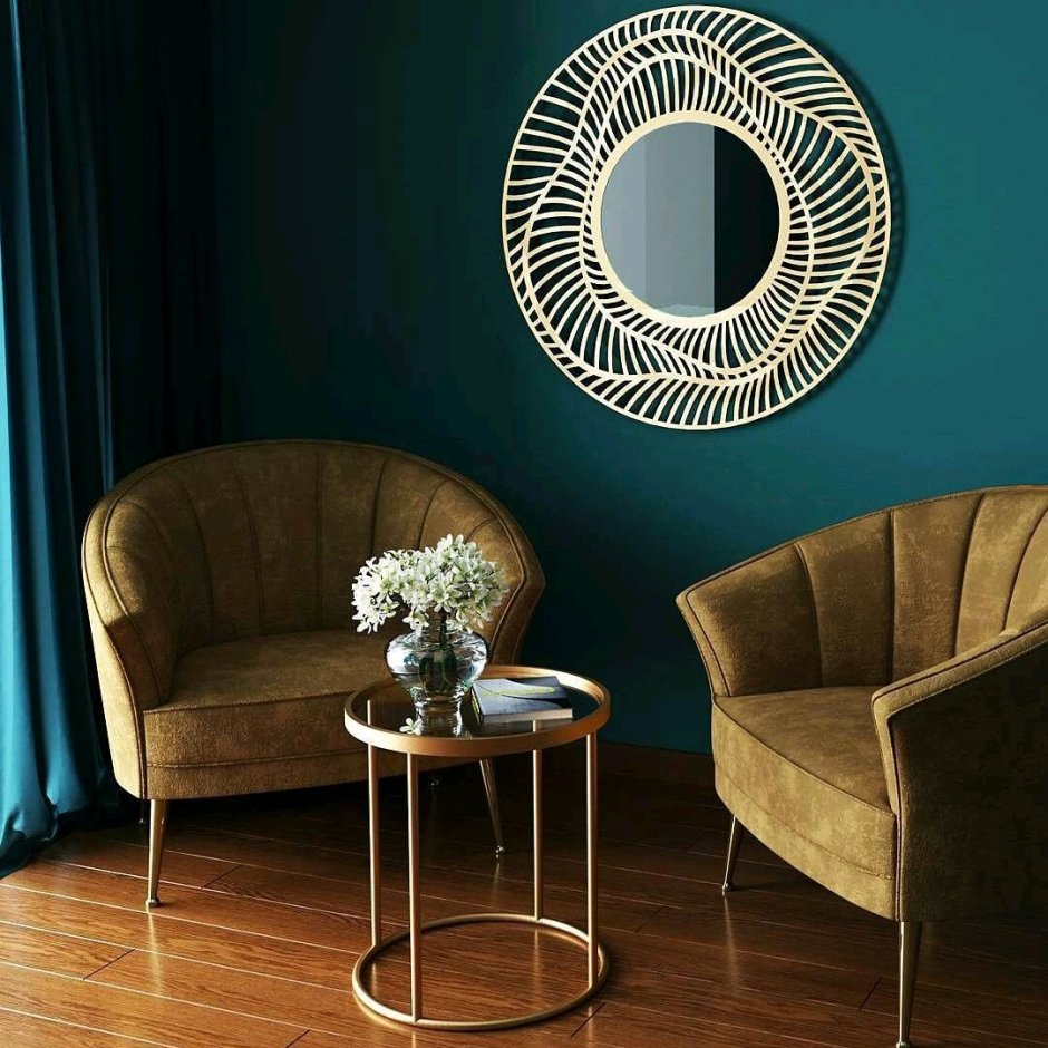 Круглые симметричные зеркала в интерьере гостиной