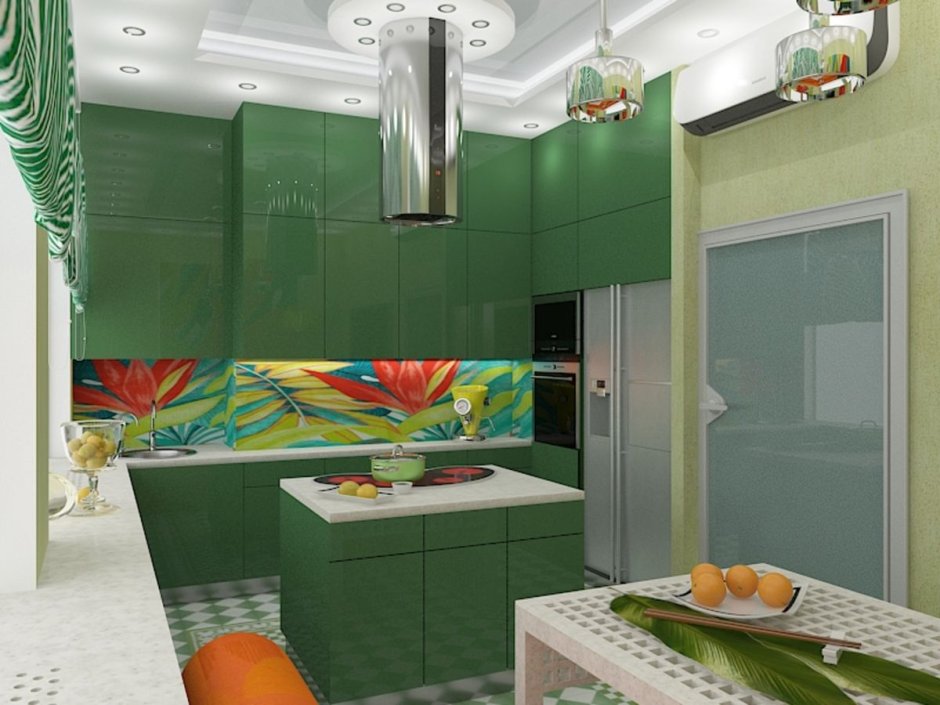 Кухня в зеленом стиле тропики