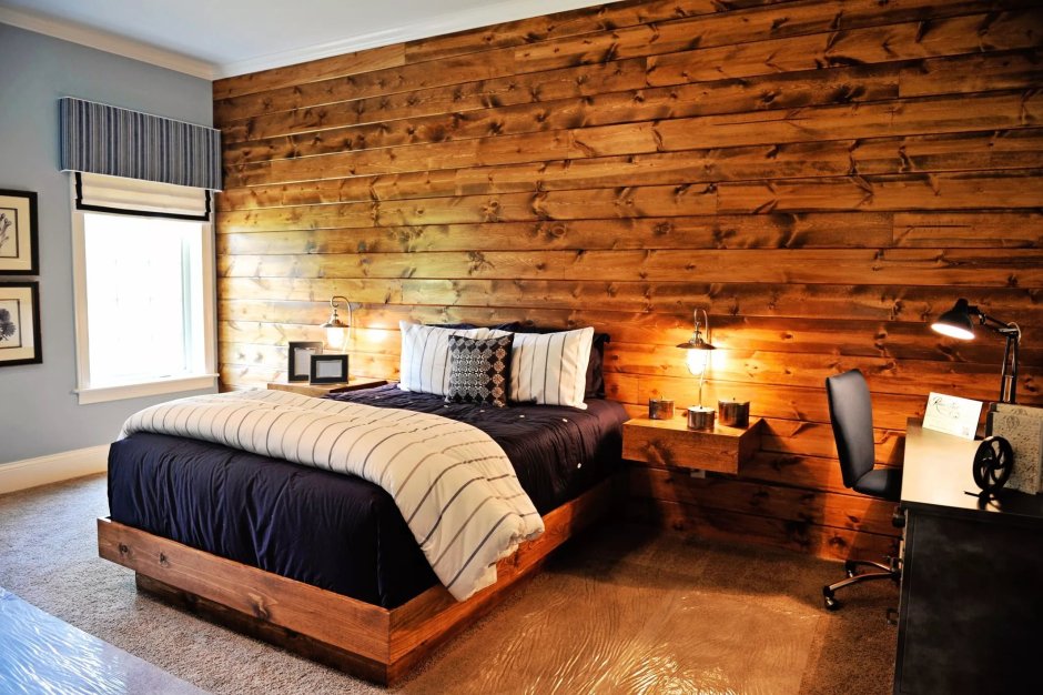 Спальня в стиле Минимализм с деревянной стеной