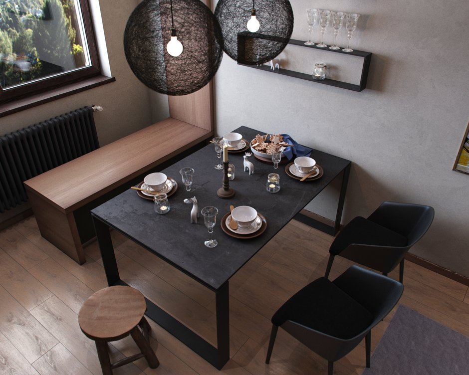 Черный стол на кухне в интерьере