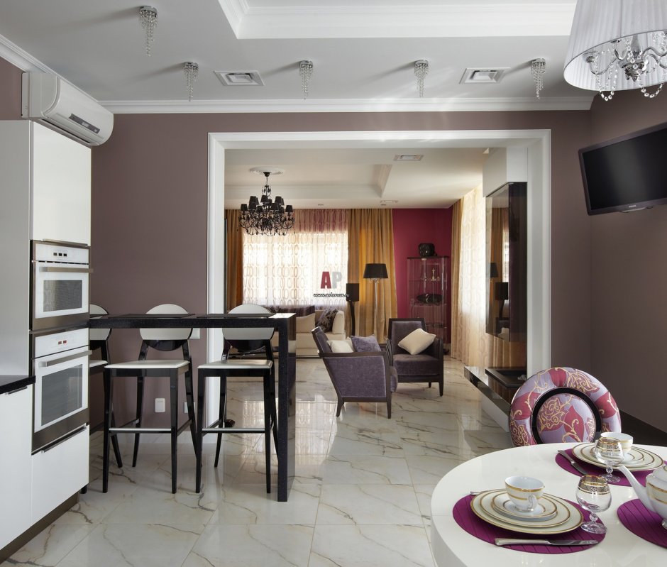 Кухня-столовая-гостиная с барной стойкой