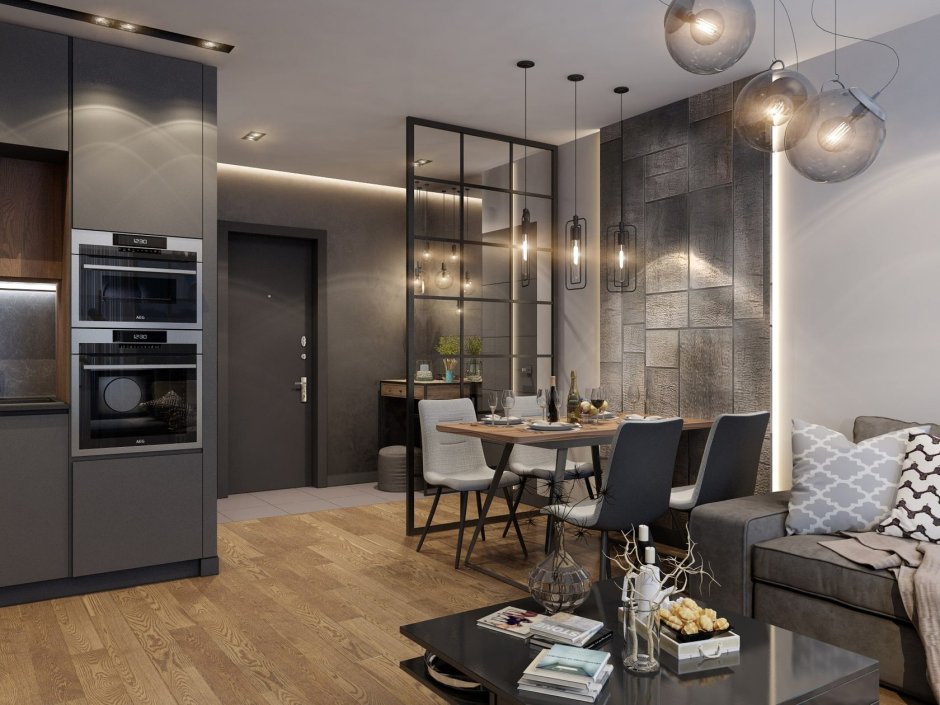 Узкая кухня-гостиная