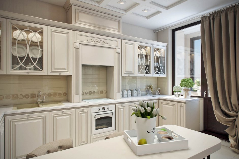 Кухня в белом стиле для студии классика